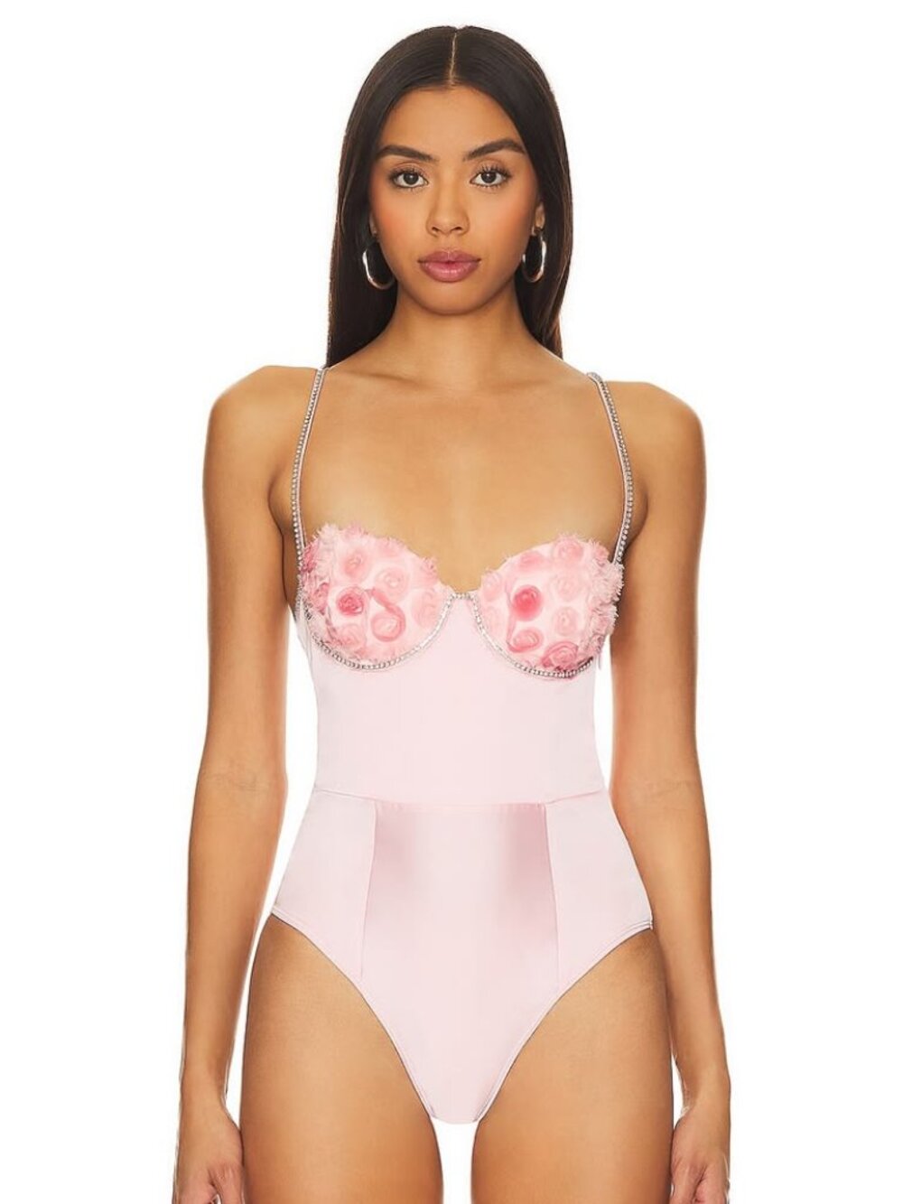 For Love And Lemons Pale Pink Floral Appliqué Bodysuit